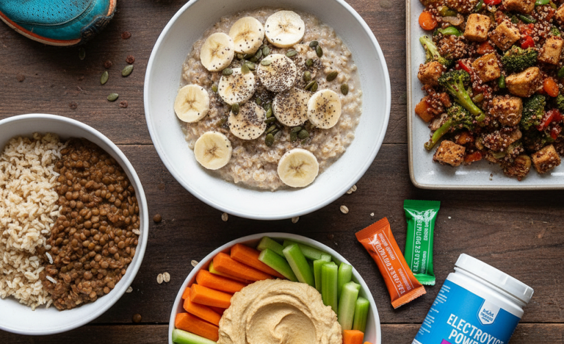 Veganski bezglutenski obroci za trkače: ovas, sočivo sa pirinčem, tofu i kvinoja, gelovi i elektroliti, sa patikama za trčanje